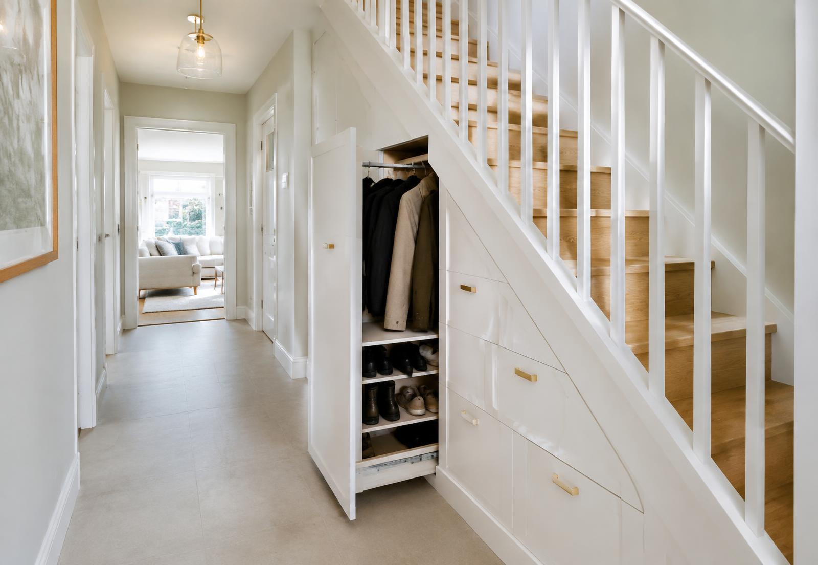 Satin white pull-out under-stairs drawers fitted in a bright hallway